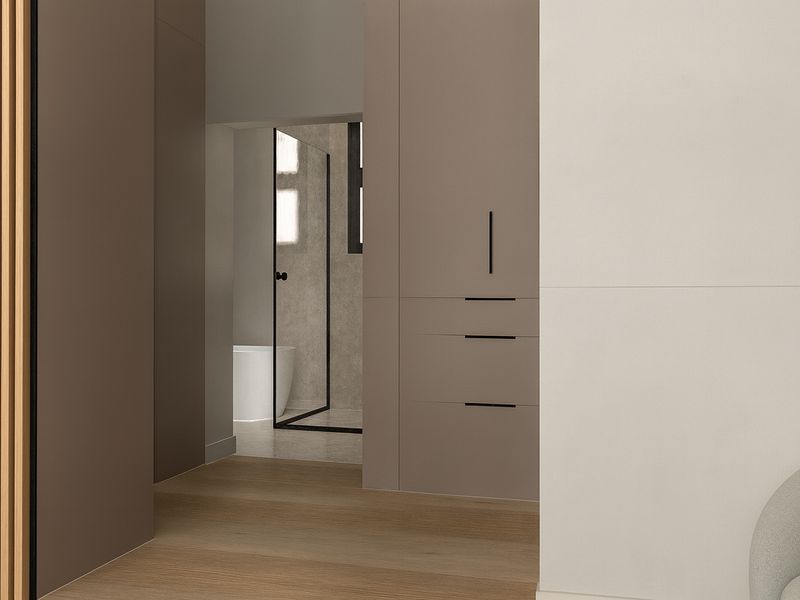 A modern interior view featuring sleek built-in cabinetry and a glimpse into a contemporary bathroom with a glass-enclosed shower.