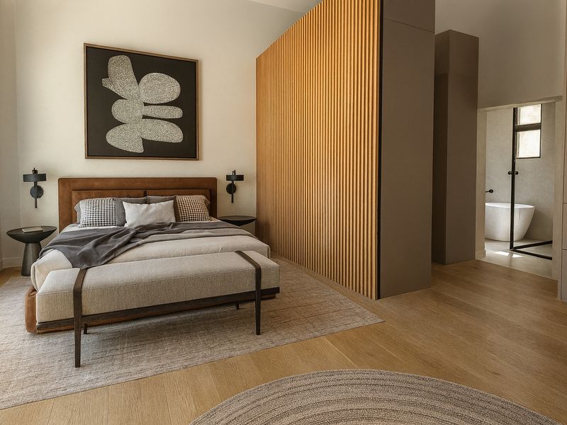 Modern bedroom featuring light oak flooring, a decorative timber slat feature wall, and an integrated en-suite bathroom with a freestanding bathtub.