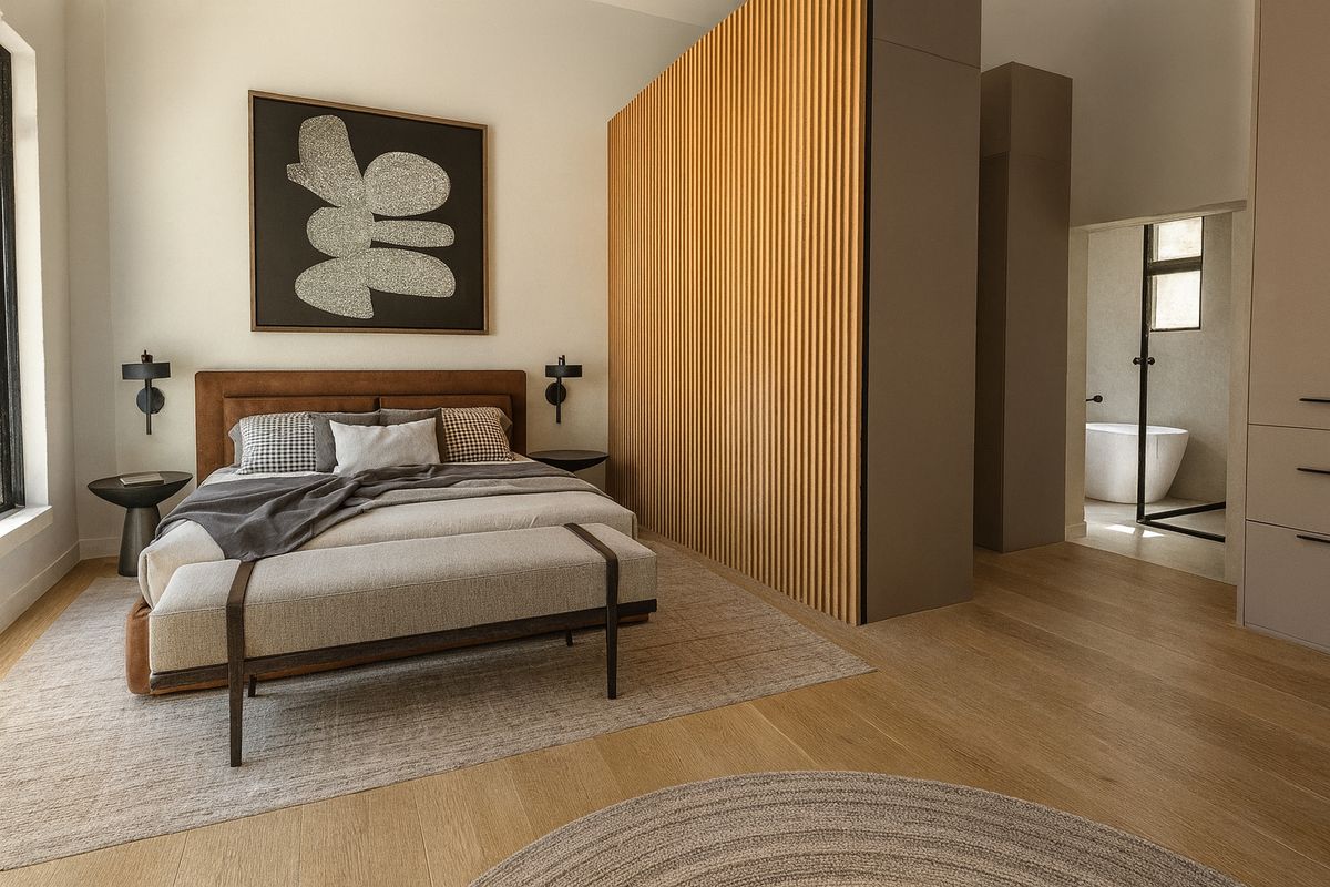 Modern bedroom featuring light oak flooring, a decorative timber slat feature wall, and an integrated en-suite bathroom with a freestanding bathtub.