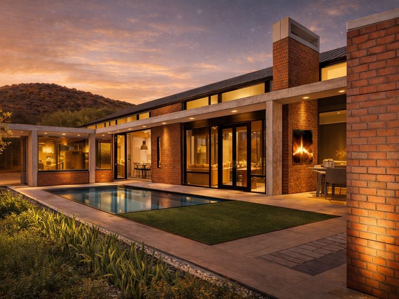 Modern architectural home featuring a sleek swimming pool, expansive glass sliding doors, exposed brickwork, and a covered patio area at sunset.