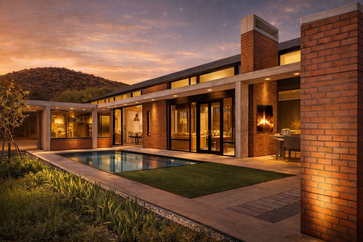 Modern architectural home featuring a sleek swimming pool, expansive glass sliding doors, exposed brickwork, and a covered patio area at sunset.
