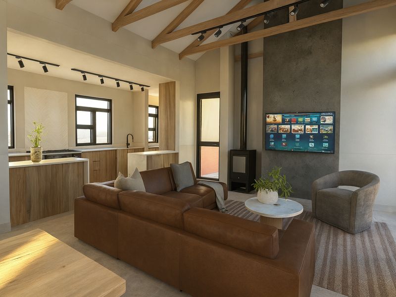 Modern open-plan living area featuring a high vaulted ceiling with exposed timber beams, a sleek fireplace, and a contemporary kitchen with wood-finish cabinetry.