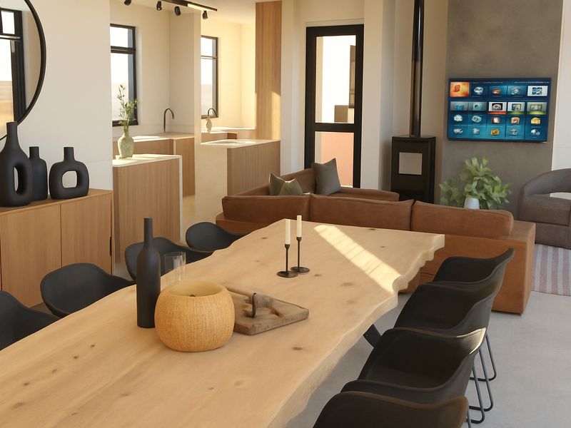 Spacious open-plan living area featuring a modern kitchen, dining space with a natural wood table, and a cozy lounge area with a fireplace.