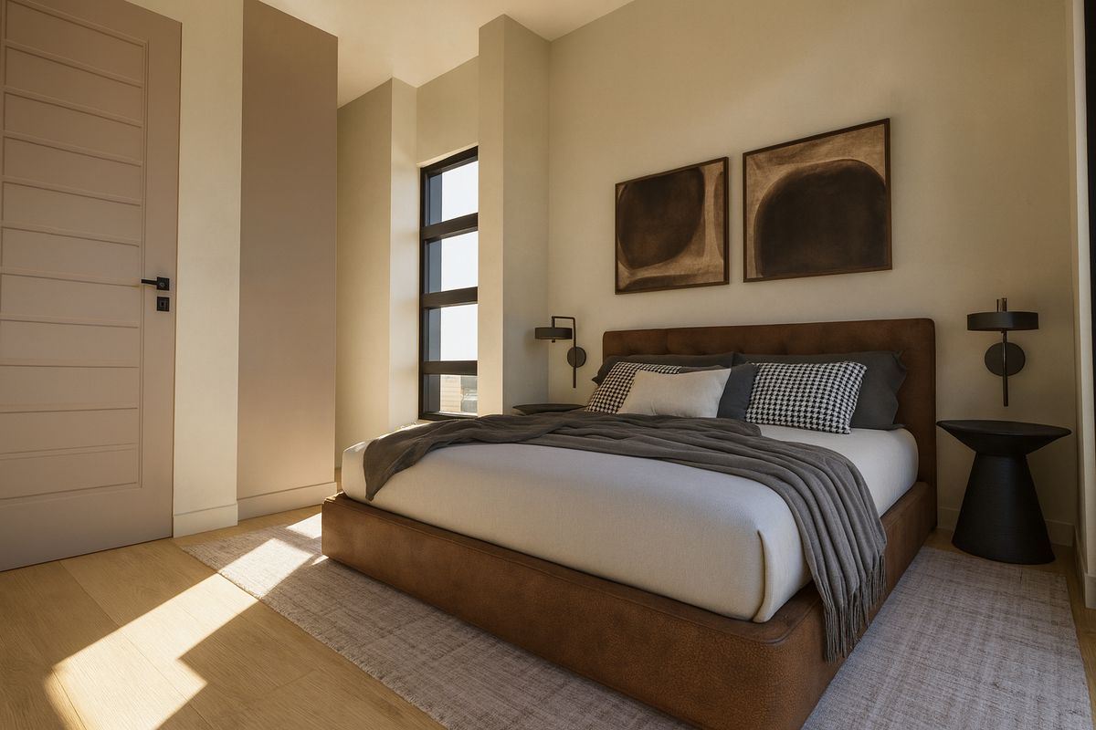 A modern, well-lit bedroom featuring hardwood flooring, neutral wall tones, and a contemporary window design.