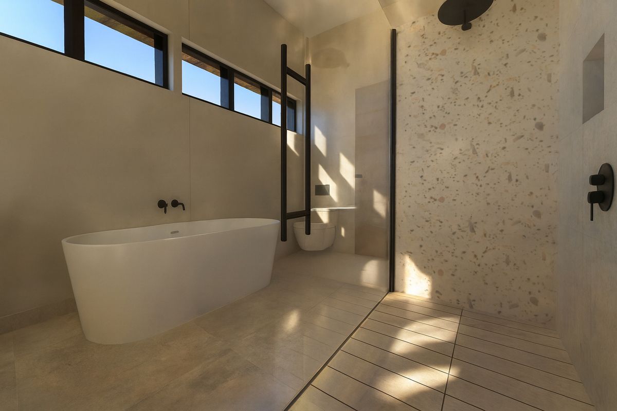 Modern luxury bathroom featuring a freestanding bathtub, walk-in shower with terrazzo tiling, black matte fixtures, and high-level clerestory windows for natural light.