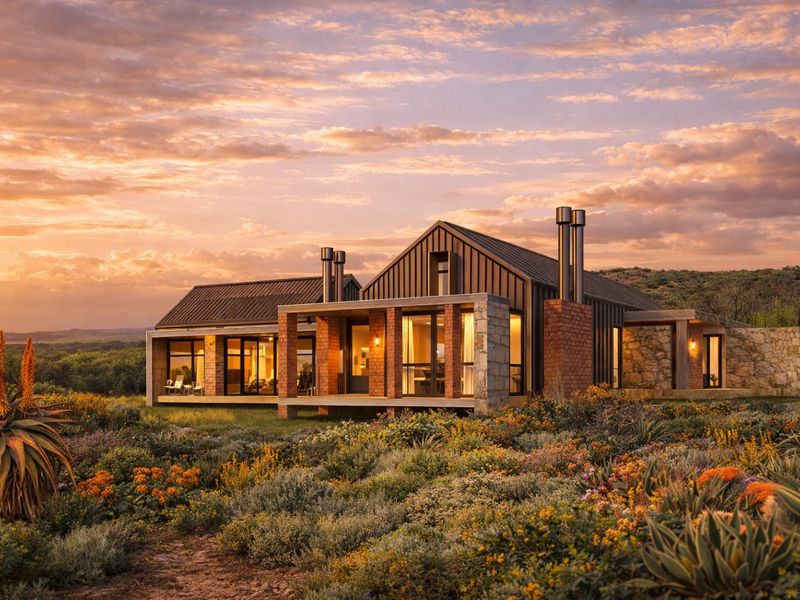 A stunning modern architectural home featuring brick and stone construction, metal roofing, and a spacious covered patio set against a scenic landscape.
