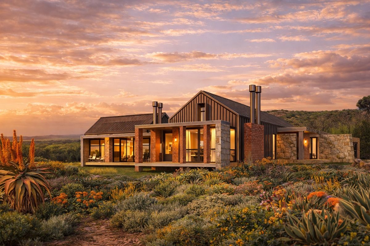 A stunning modern architectural home featuring brick and stone construction, metal roofing, and a spacious covered patio set against a scenic landscape.