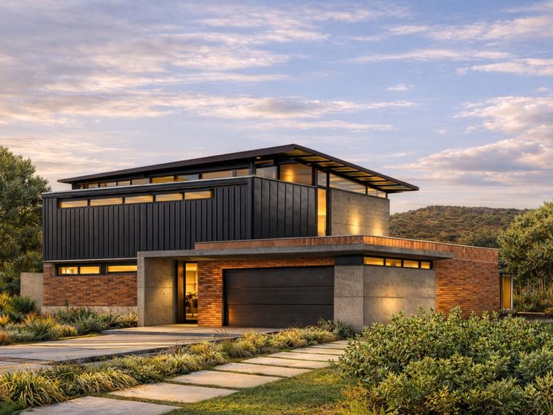 Modern architectural residence featuring a striking combination of brick, concrete, and dark metal cladding with expansive clerestory windows and a landscaped front approach.