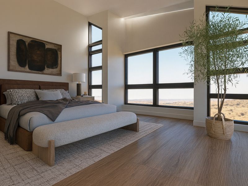 A modern, spacious bedroom featuring large windows with expansive views, high ceilings, and premium hardwood flooring.