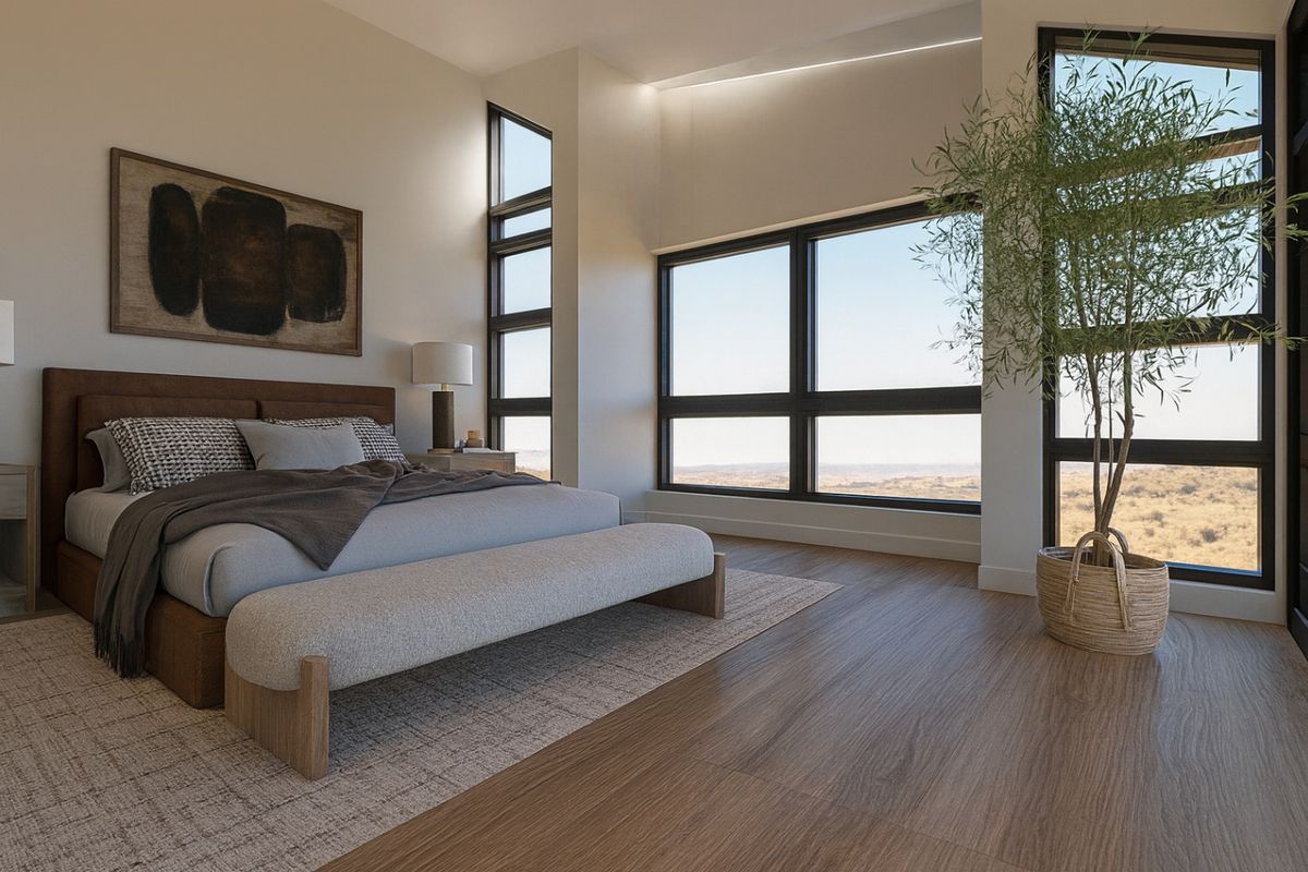 A modern, spacious bedroom featuring large windows with expansive views, high ceilings, and premium hardwood flooring.
