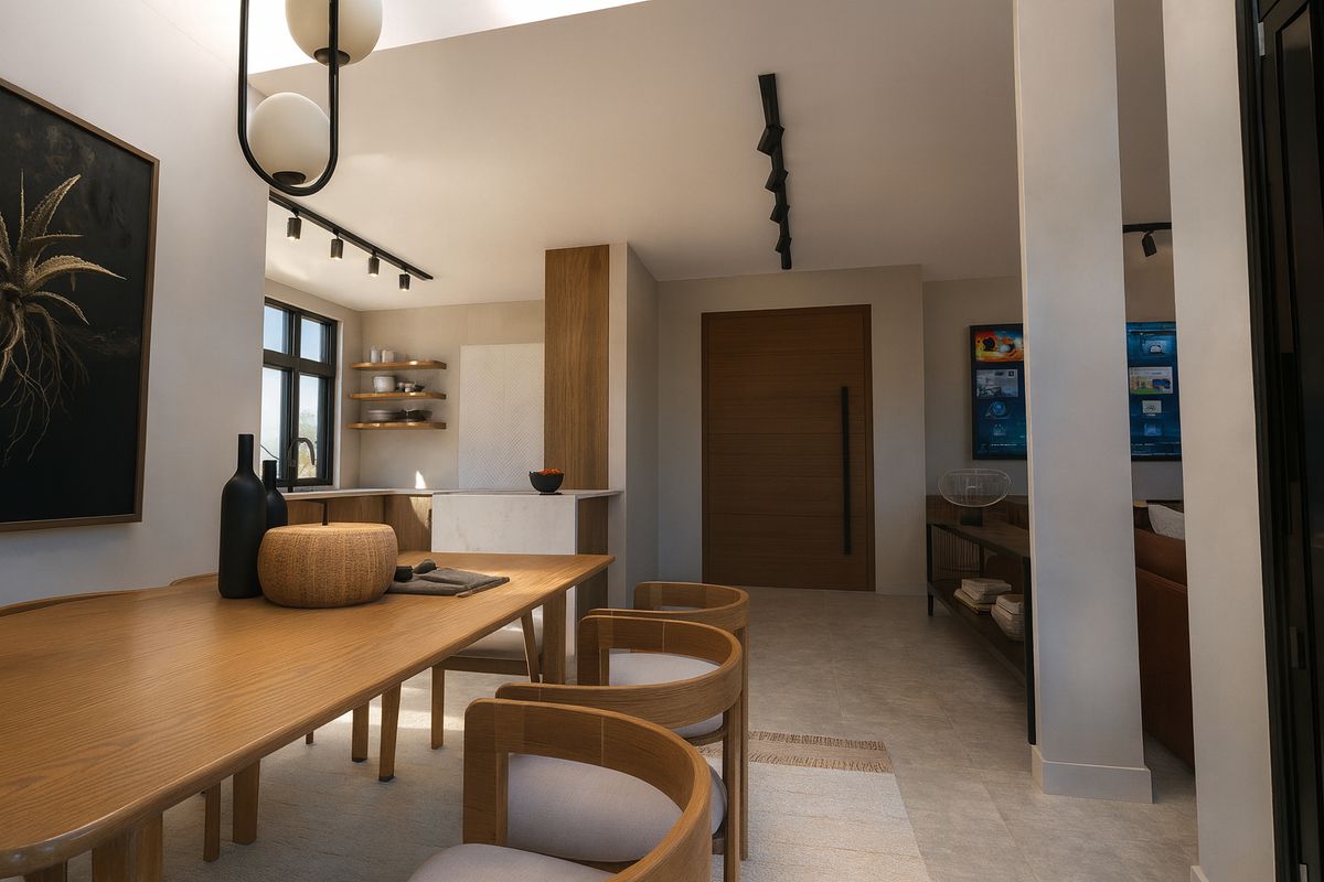 Modern open-plan living and dining area featuring high-quality finishes, contemporary track lighting, and a sleek kitchen with stone island.