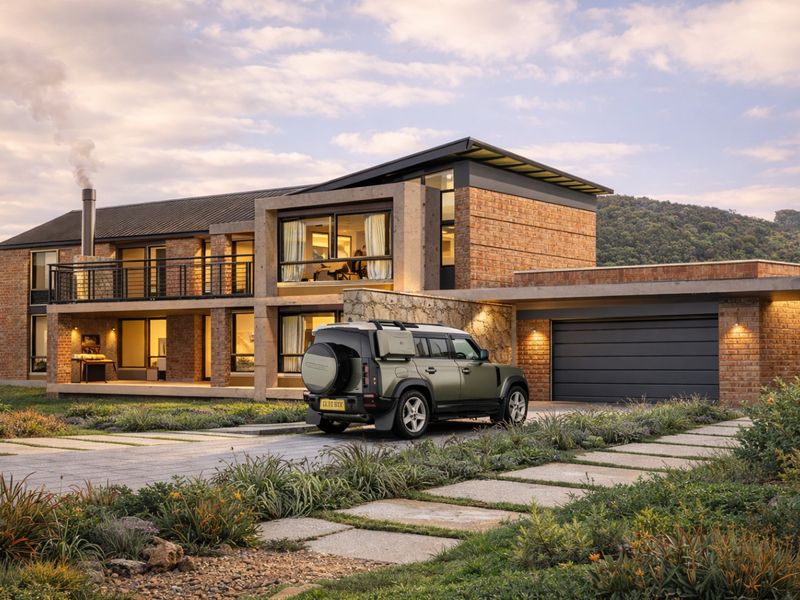 Modern two-story brick and concrete residence featuring a double garage, spacious balcony, and landscaped driveway in a scenic setting.