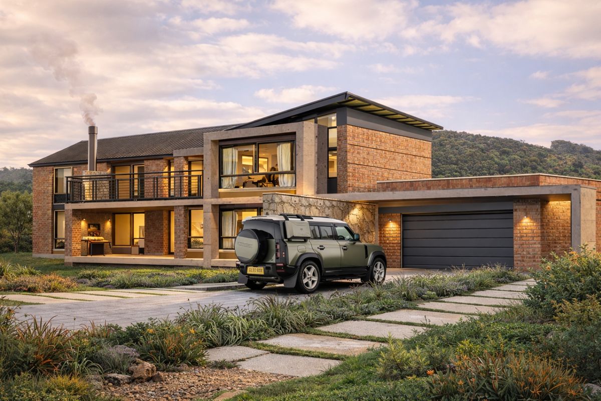 Modern two-story brick and concrete residence featuring a double garage, spacious balcony, and landscaped driveway in a scenic setting.
