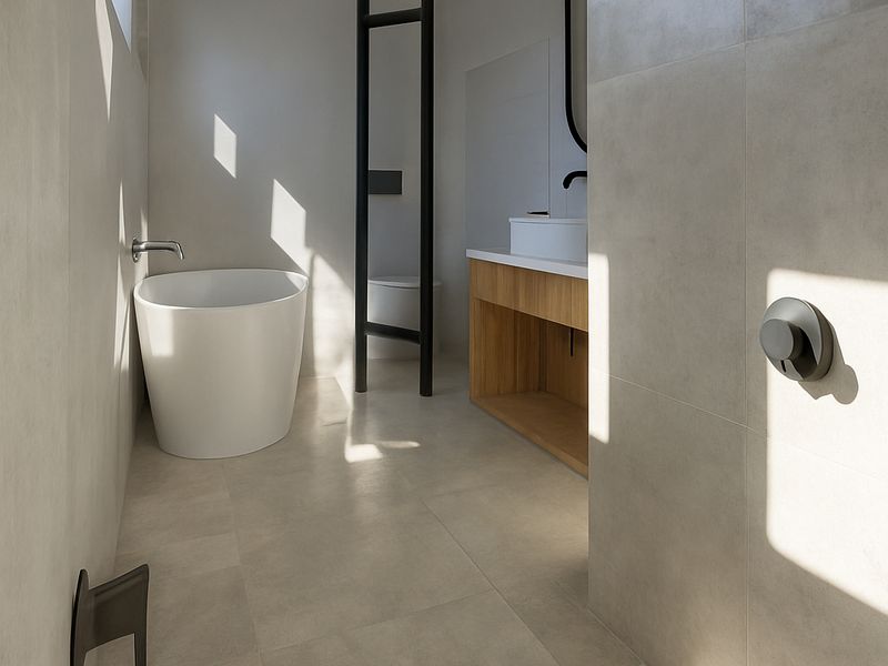 Modern, minimalist bathroom featuring a freestanding bathtub, timber vanity with basin, and high-quality tiled finishes with natural light.
