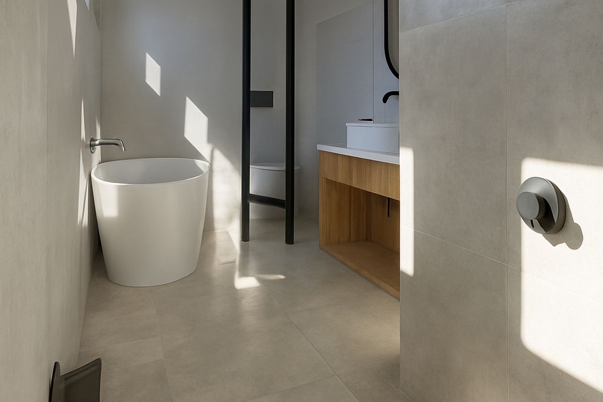 Modern, minimalist bathroom featuring a freestanding bathtub, timber vanity with basin, and high-quality tiled finishes with natural light.