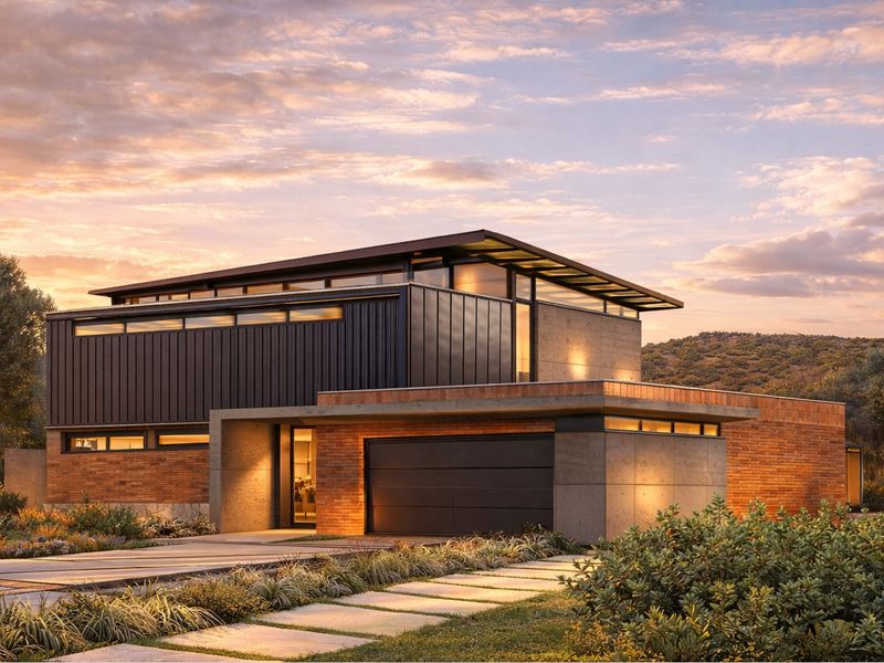 Modern architectural home featuring a striking combination of brick and metal cladding, clerestory windows, and a spacious integrated garage at sunset.