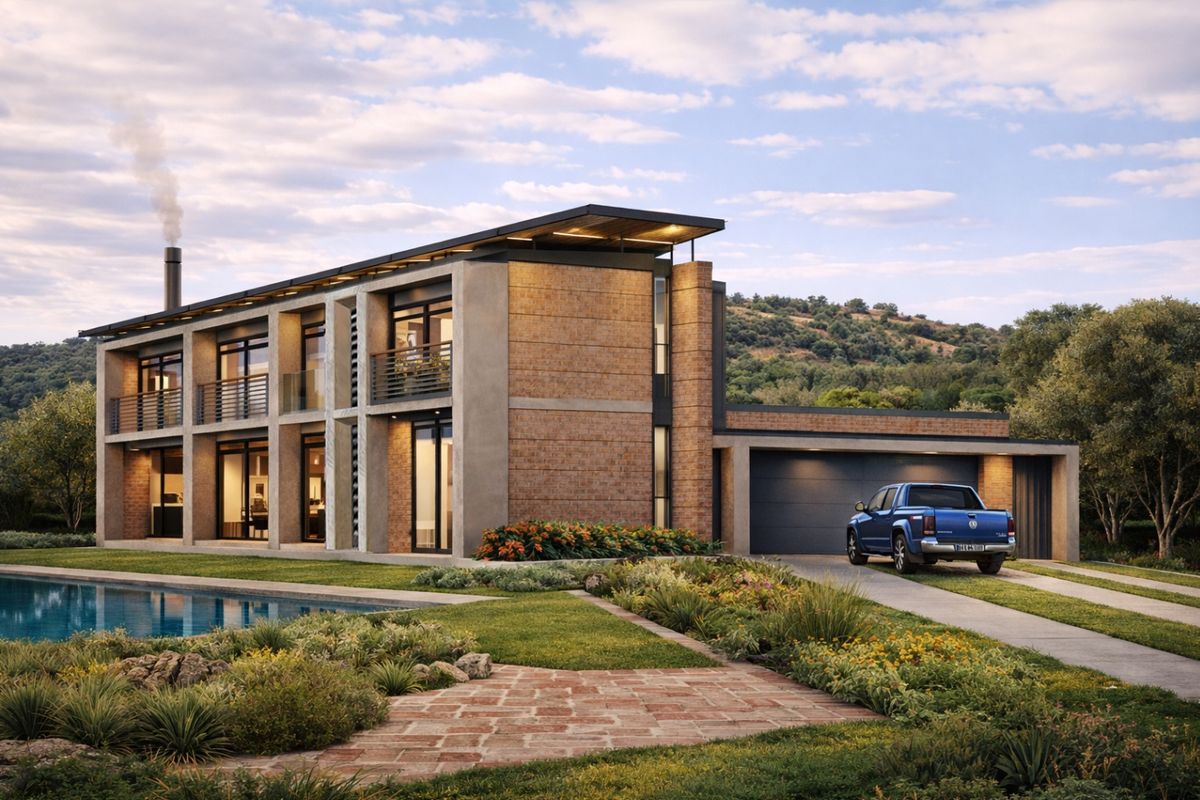 Modern two-story residence featuring a brick and concrete facade, integrated garage, swimming pool, and landscaped garden in a scenic setting.