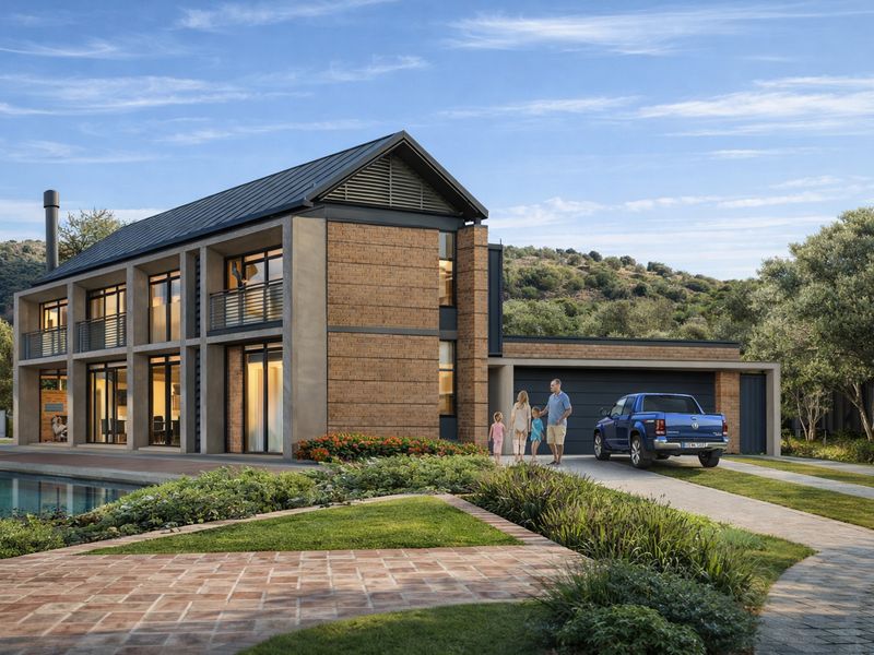 Modern two-story brick residence featuring a metal roof, integrated double garage, expansive glass sliding doors, and a private swimming pool set in landscaped grounds.