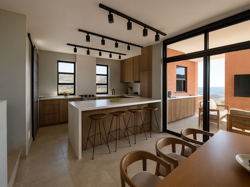 Modern open-plan kitchen featuring wooden cabinetry, stone countertops, and a central island, seamlessly connecting to an outdoor patio through large sliding glass doors.