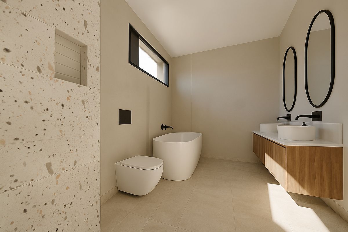 Modern, high-end bathroom featuring a freestanding tub, wall-hung toilet, double vanity with vessel sinks, and stylish terrazzo tile accents.