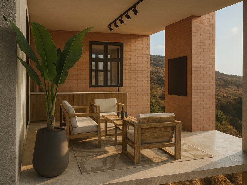 A modern covered patio featuring exposed brick walls, track lighting, and built-in cabinetry, offering scenic hillside views.