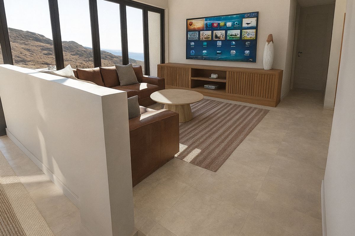 Modern living room featuring a vaulted ceiling, large format floor tiles, and expansive black-framed windows offering scenic views.