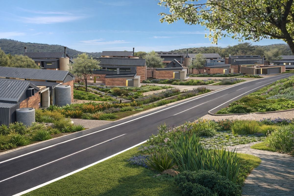 An aerial perspective of a modern residential estate featuring contemporary brick homes, metal roofing, landscaped gardens, and paved access roads.