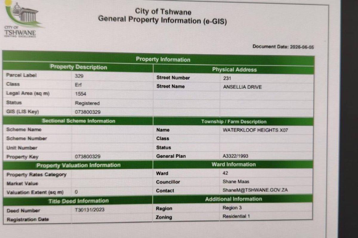 Official City of Tshwane general property information document for the residential erf located at 231 Ansellia Drive, Waterkloof Heights.
