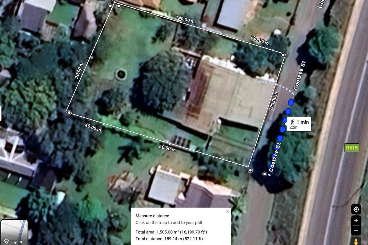 An aerial satellite view showing the property boundary, plot dimensions, and total area of 1,505 square meters.