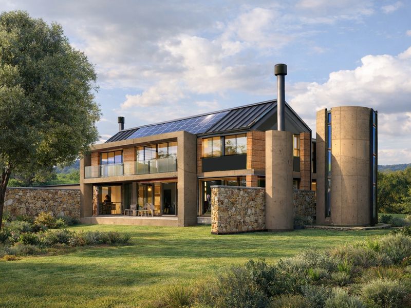 Modern architectural home featuring concrete and stone construction, solar panels, metal roofing, and expansive glass doors opening onto a landscaped rear garden.