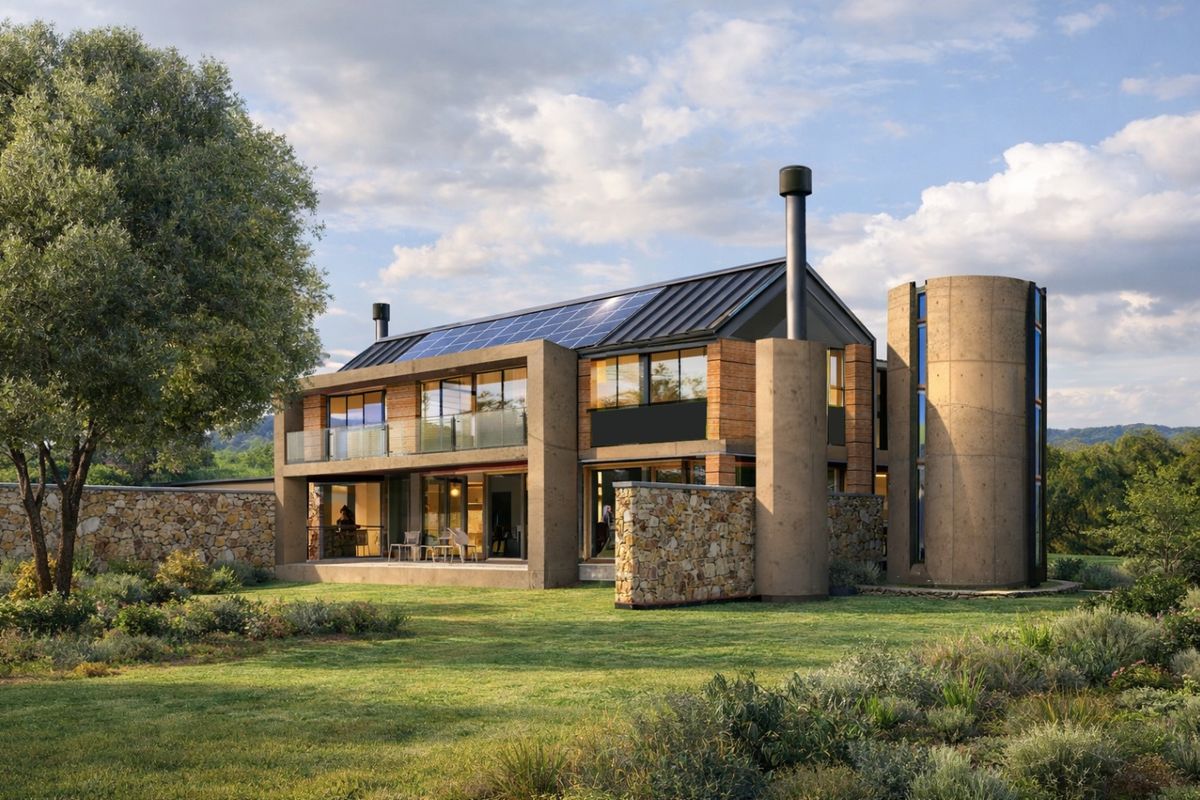 Modern architectural home featuring concrete and stone construction, solar panels, metal roofing, and expansive glass doors opening onto a landscaped rear garden.