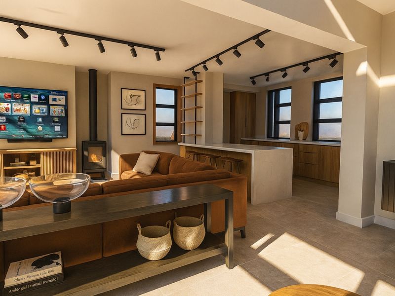 A modern open-plan living and kitchen area featuring a wood-burning fireplace, stone island, and contemporary track lighting with warm natural light.