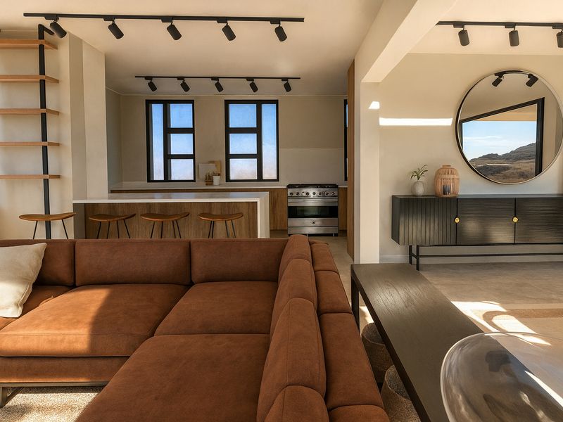 Modern open-plan living area featuring a contemporary kitchen with island, track lighting, and neutral tiled flooring, creating a seamless flow between spaces.