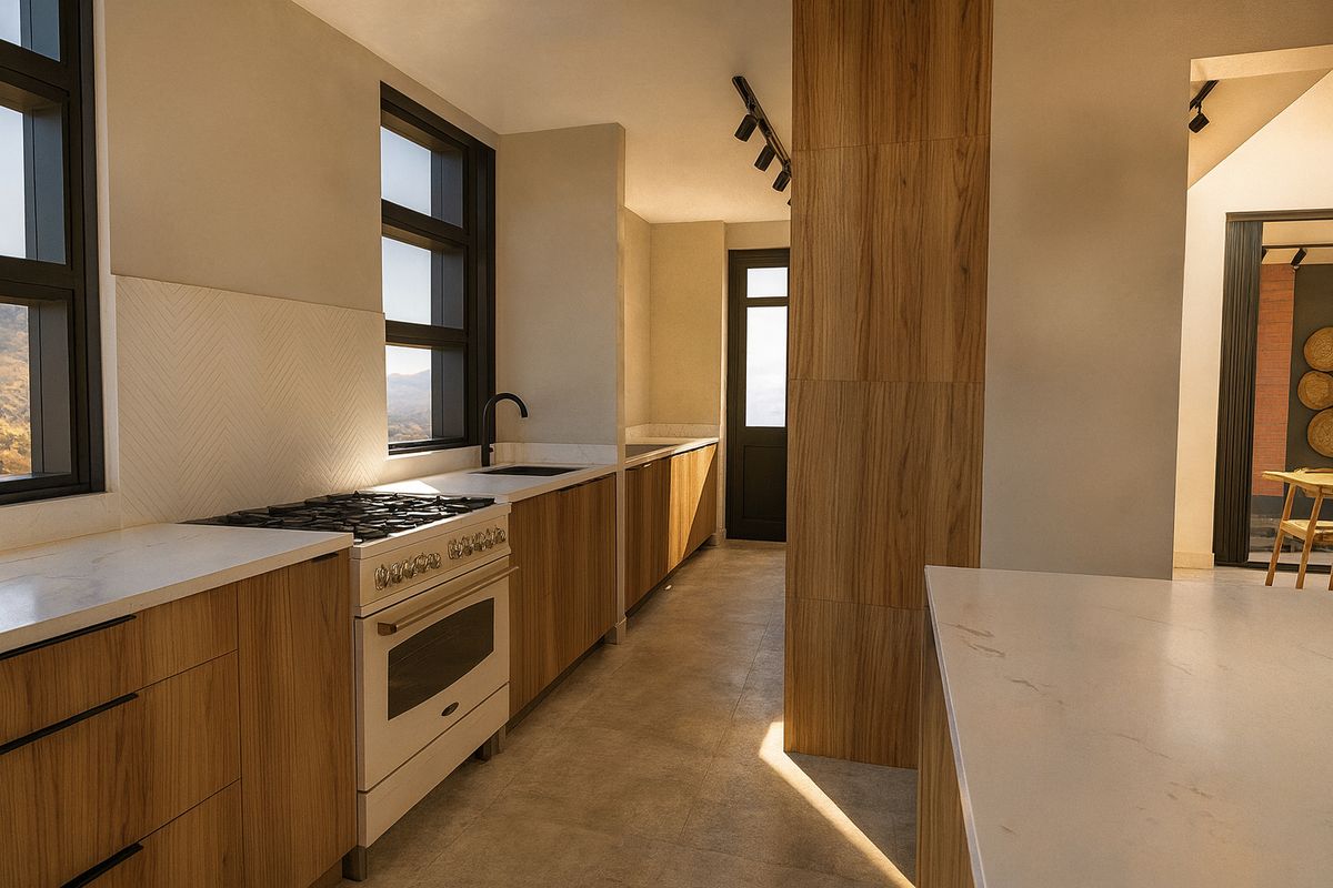 Modern kitchen featuring warm wood cabinetry, stone countertops, a gas stove, and a stylish herringbone backsplash with ample natural light.