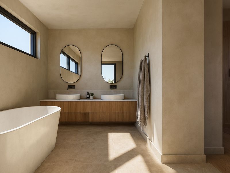 Modern luxury bathroom featuring a freestanding bathtub, double vanity with vessel sinks, and high-end finishes in a neutral, contemporary palette.