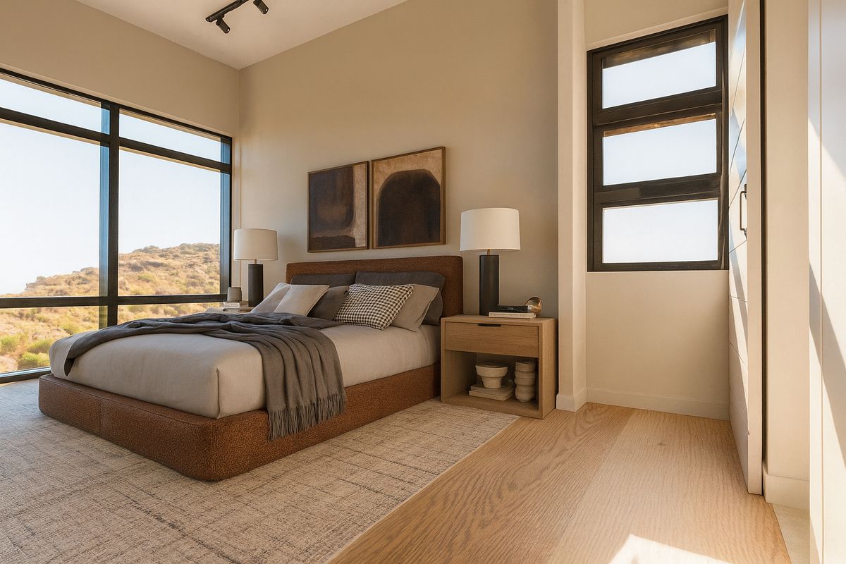 Modern bedroom featuring expansive windows with scenic views, high-quality hardwood flooring, and contemporary track lighting in a well-maintained, bright space.