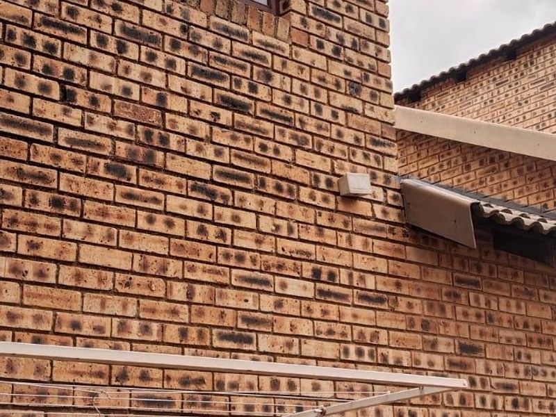 Rear exterior view of a face brick townhouse featuring aluminium window frames and a wall-mounted washing line.