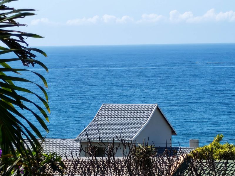 A scenic view of the ocean captured from an elevated position, showcasing the roofline of the property against the horizon.