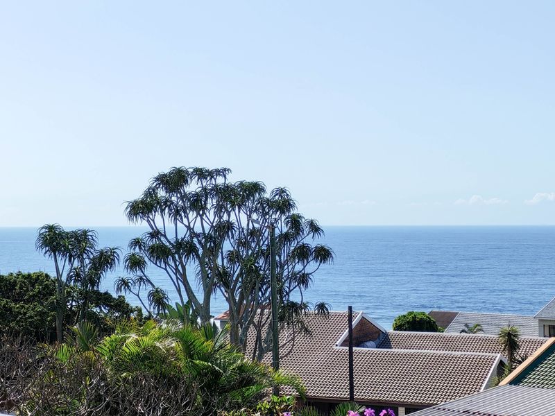 A scenic elevated view overlooking residential tiled roofs towards the open ocean horizon.