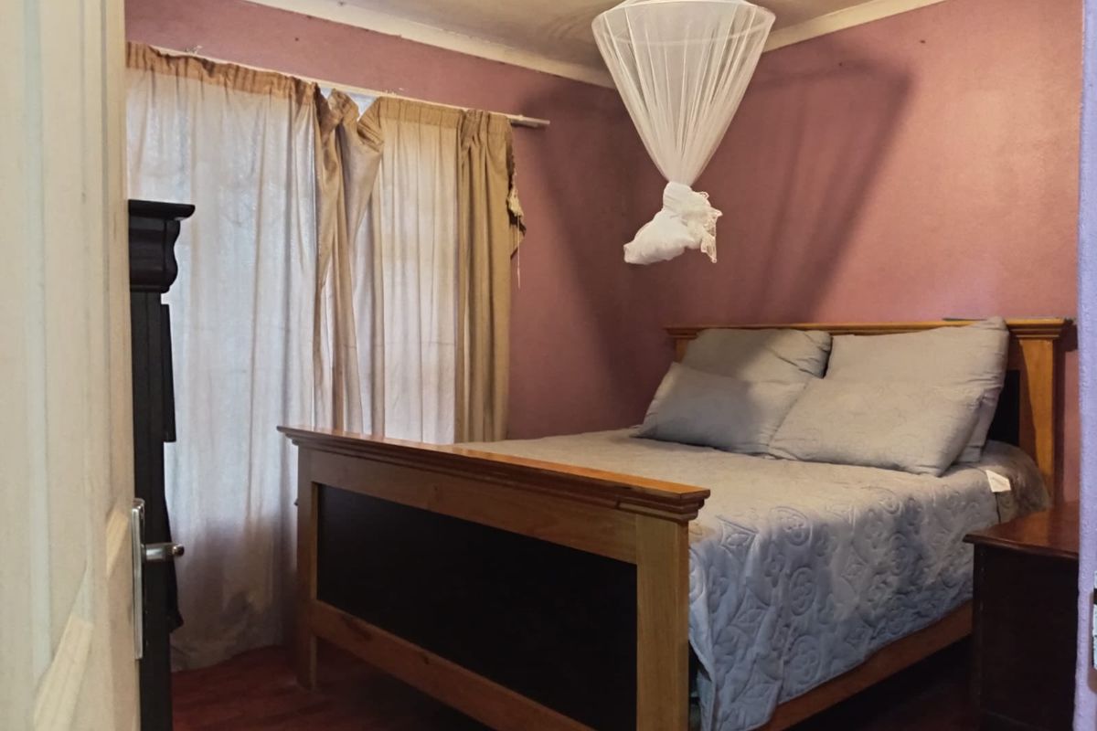 A bedroom featuring laminate flooring and coving, currently finished with a bold wall color and requiring cosmetic updates to modernize the space.