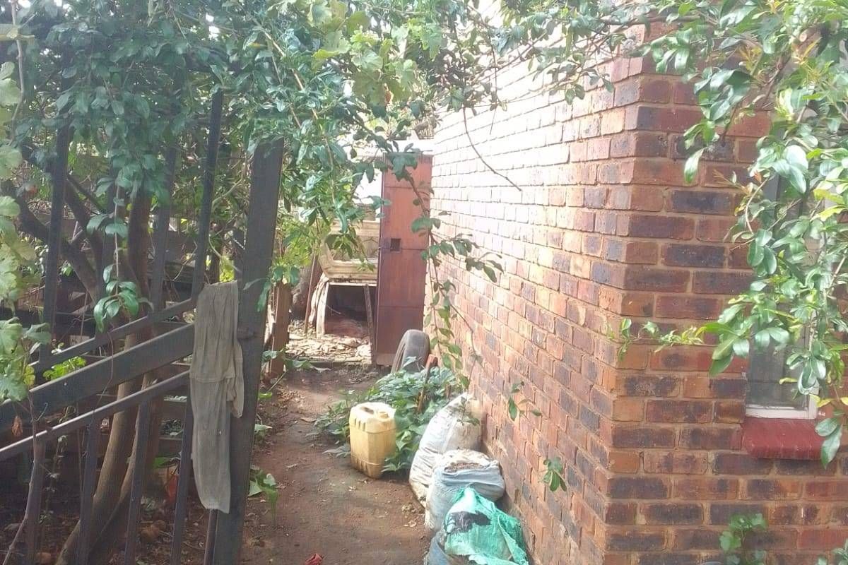 A narrow side passage along the exterior brick wall of the house, featuring overgrown vegetation and a metal gate.