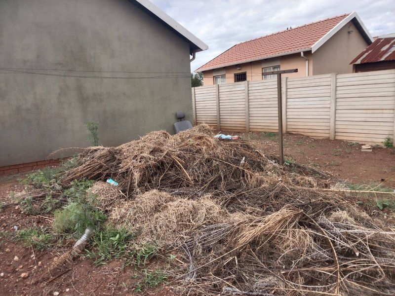Rear yard area featuring a precast concrete boundary wall and metal washing line, currently requiring significant clearing of garden debris and vegetation.