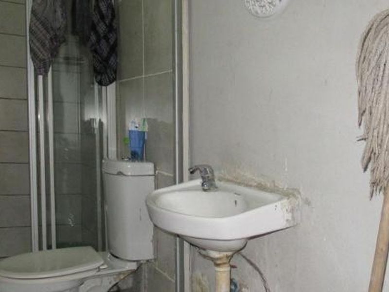 A small bathroom featuring a shower enclosure, toilet, and pedestal basin, currently requiring significant maintenance and cosmetic updates to improve its condition.