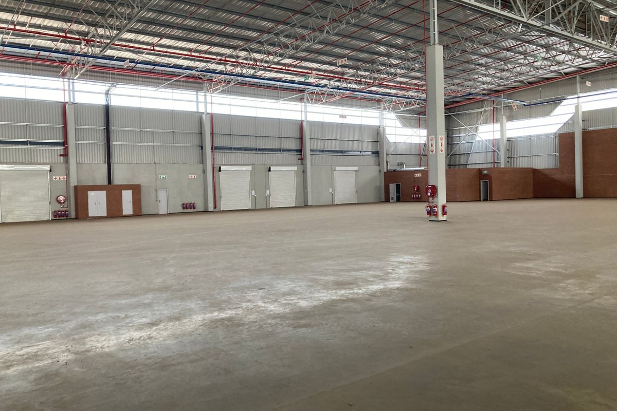 Spacious industrial warehouse featuring high ceilings with exposed steel trusses, concrete flooring, multiple roller shutter doors, and integrated fire safety systems.