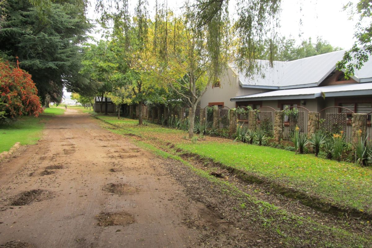 A view of an unpaved residential street featuring mature trees, landscaped verges, and stone-accented perimeter fencing along the property boundary.