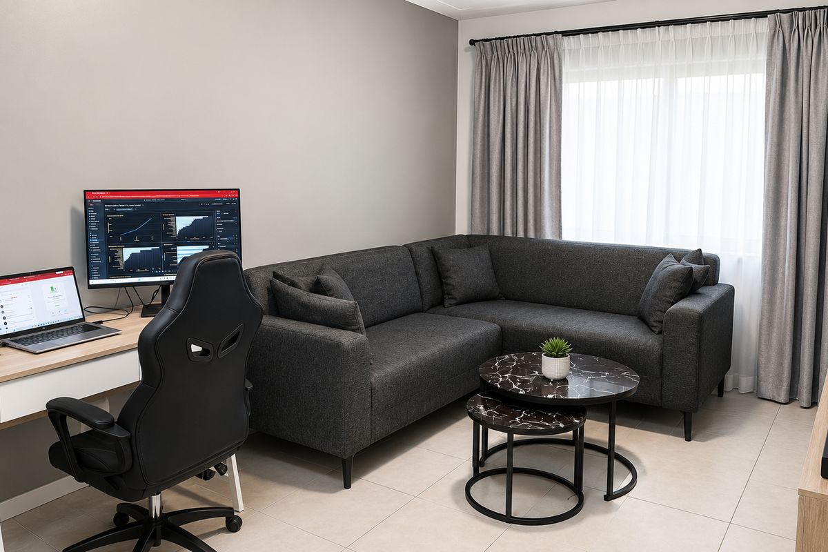 A well-maintained living room featuring neutral tiled flooring and floor-to-ceiling curtains, providing a clean and functional space.