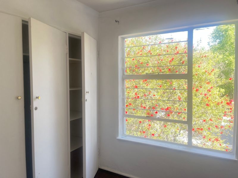 A bright, empty bedroom featuring built-in storage cupboards and a large window with security bars overlooking a flowering tree.