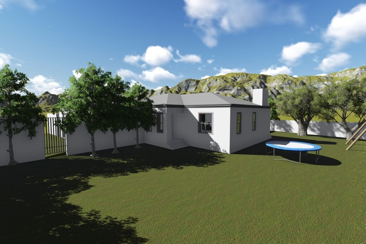 A 3D rendered view of the rear exterior of the house, featuring a large garden, boundary walls, and a mountain backdrop.