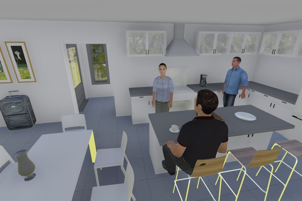 A 3D rendered view of an open-plan kitchen and dining area featuring a central island, cabinetry, and tiled flooring.