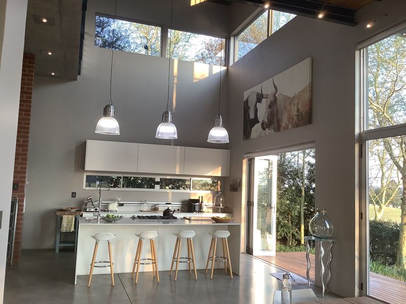 Modern open-plan kitchen featuring a central island with a gas hob, sleek cabinetry, high ceilings, and large windows opening onto a wooden deck.